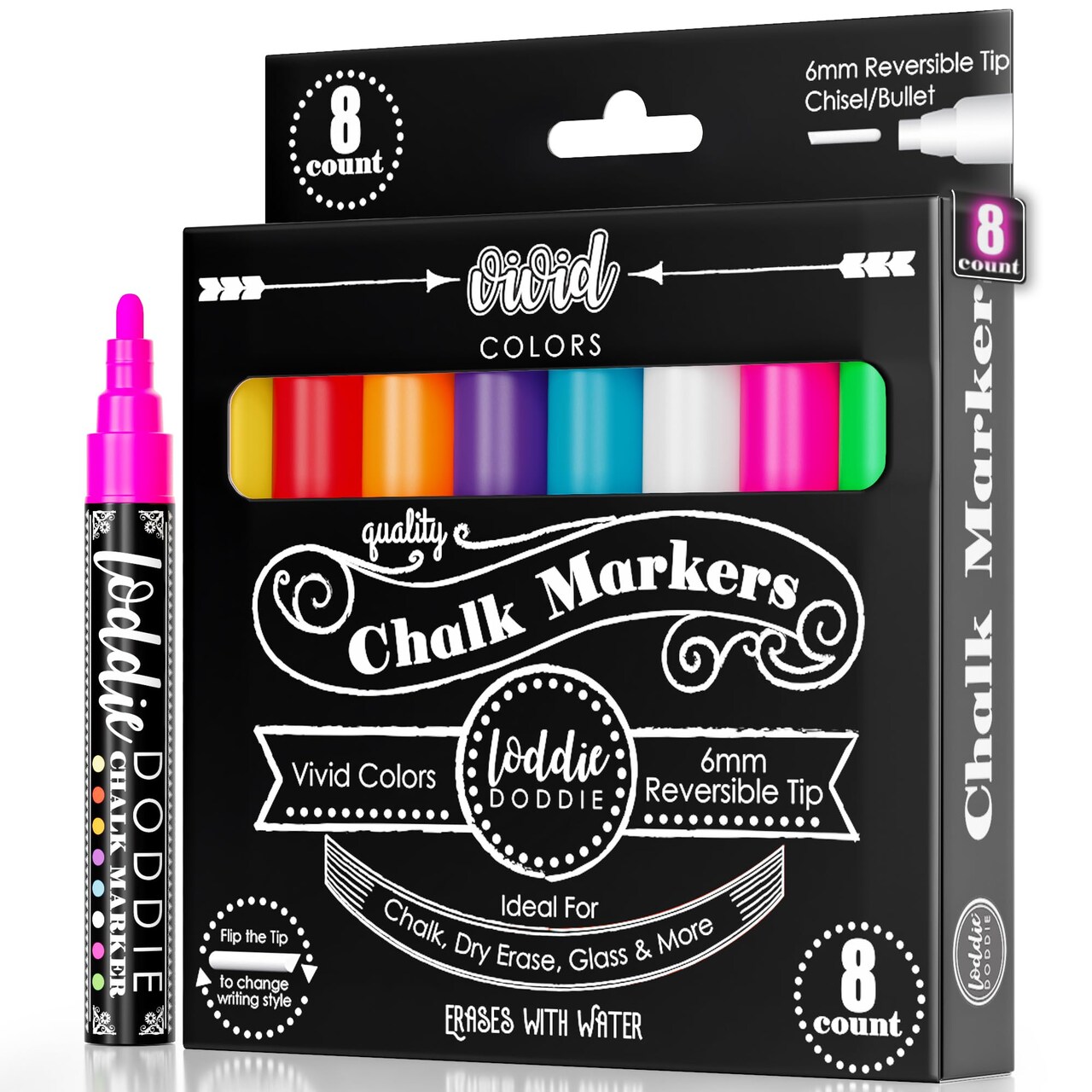 Liquid Chalk Markers - 8-Pack, 6mm Dual Tips - Chalk Markers for Blackboard & Chalkboard Paint - Washable Window Pens for Glass - Erasable Pens